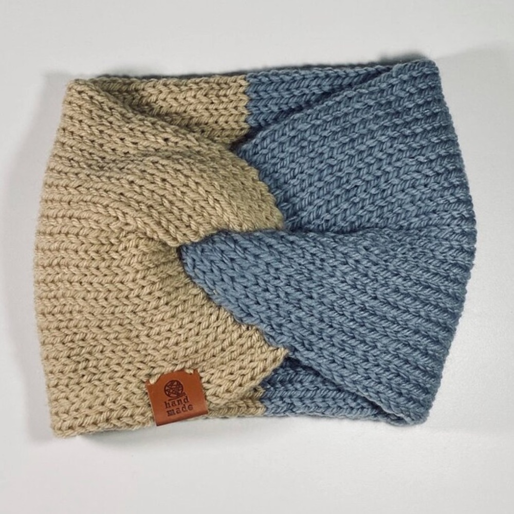 Handmade periwinkle and tan twist headband
